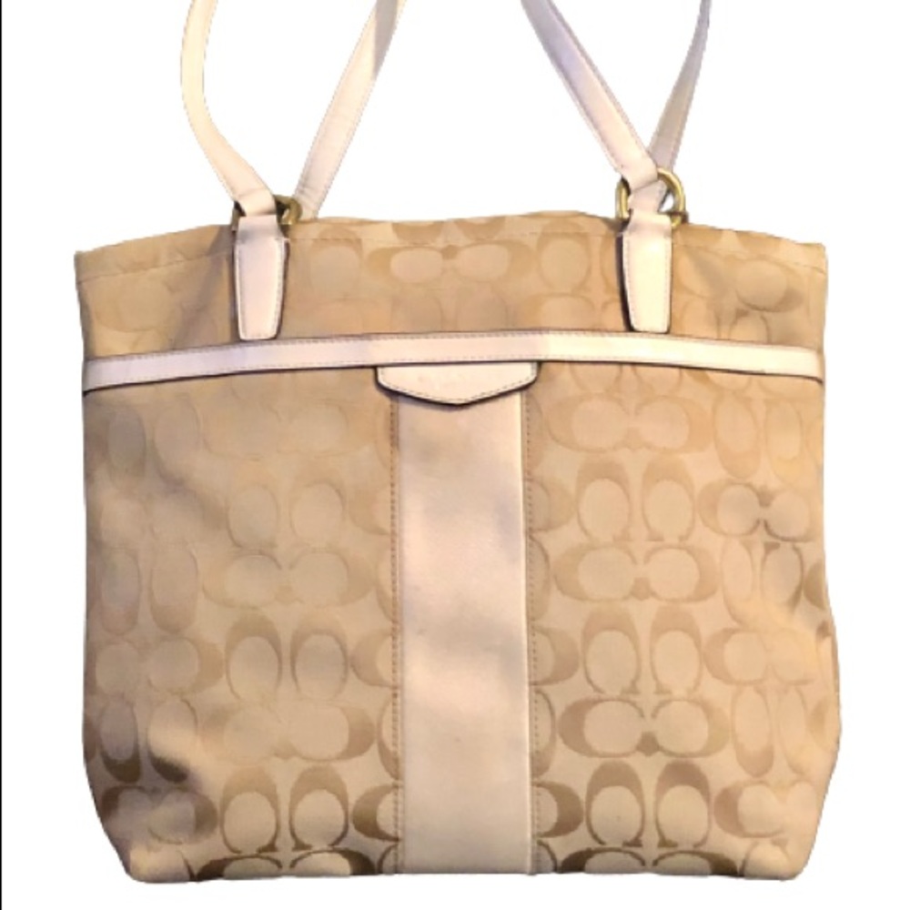 Coach Signature Stripe Khaki Fabric with Leather Trim Tote